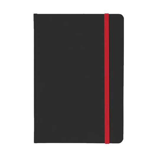 A5 PU notebook in black with a red elastic band closure and a smooth, minimalist cover design.