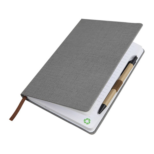 A5 textured grey PU notebook with a pen, featuring a brown elastic band and a logo on the inside.