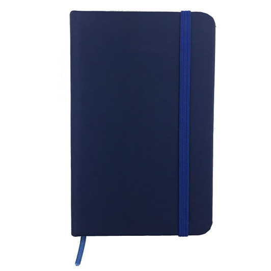 A navy blue PU notebook with a blue elastic band closure and a matching bookmark. Features a logo on the cover.