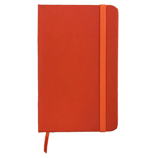 An orange Handy PU notebook with an elastic band closure and a ribbon marker, featuring a logo.