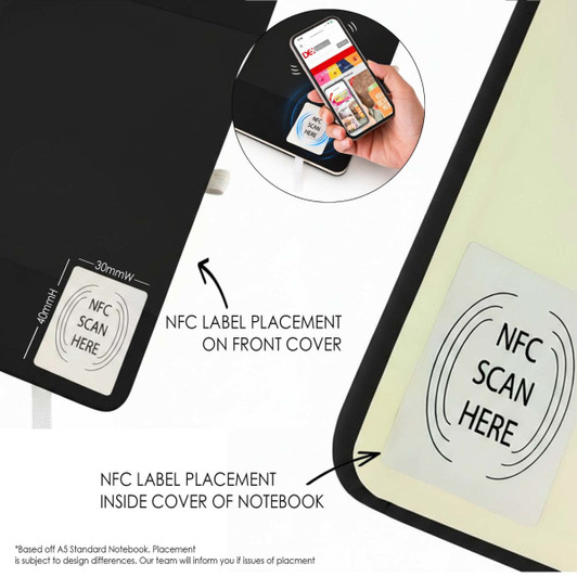 A6 cork soft wood notebook with NFC label on the front cover and inside. Features a sleek black design.