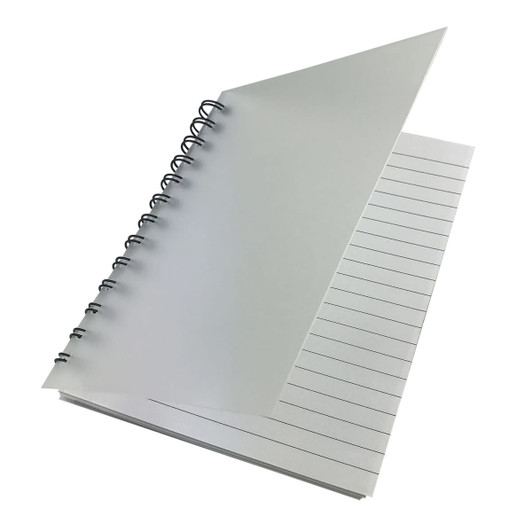 A grey spiral-bound notebook with lined pages, featuring a textured cover and a blank inside page.