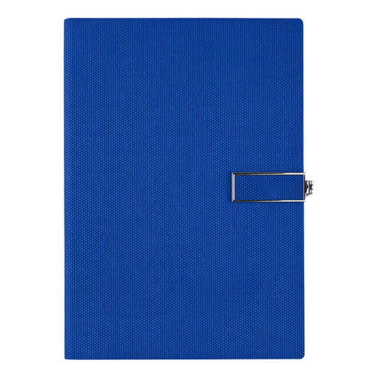 A blue notebook with a textured cover and an attached metal clasp, featuring a logo on the front.