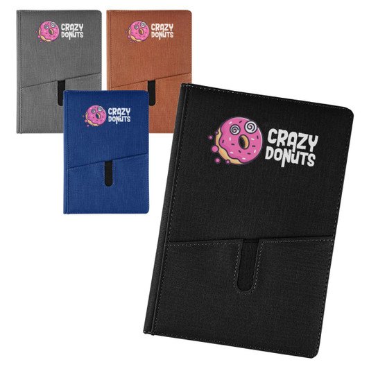 A set of notebooks in grey, brown, blue, and black, featuring a logo on the front cover.