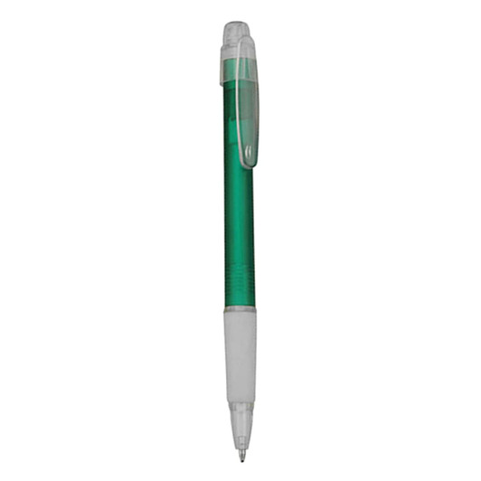 A green plastic pen with a transparent barrel and white grip, featuring a clip at the top.