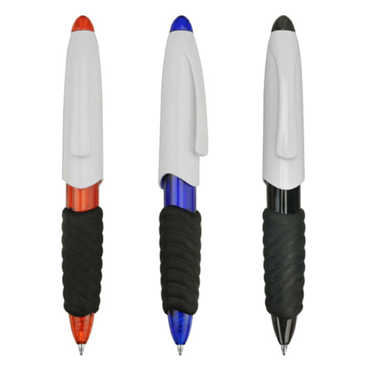 Three plastic pens with white bodies and rubber grips; one orange, one blue, and one black. Each has a logo.