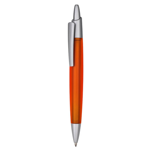 A plastic pen with an orange barrel and silver accents, featuring a clip and a logo.