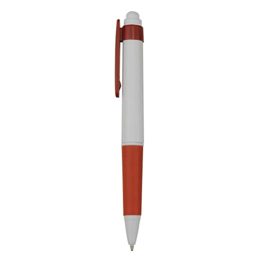 A plastic pen in white with orange accents and a clip, featuring a logo on the barrel.