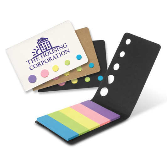 Sticky note set with multicoloured sticky flags in pastel shades, housed in a folder with a logo.