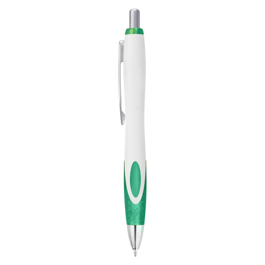 A plastic pen in white with green accents and a silver clip, featuring a logo on its body.