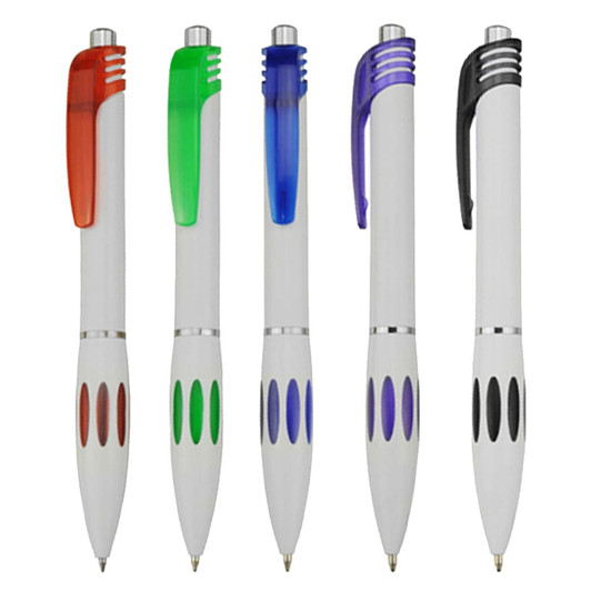A set of five plastic pens in white with colourful accents: red, green, blue, purple, and black. Each has a logo.