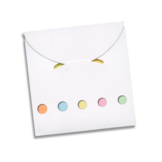 A white envelope featuring five pastel sticky note tabs in orange, yellow, pink, green, and blue.