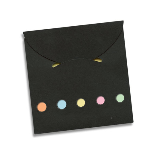 A pocket-sized pad with a black cover featuring five colorful sticky note flags in various pastel shades.