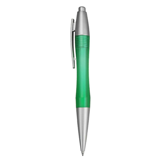 A green plastic pen with a silver clip and tip, featuring a textured grip. It has a logo on the barrel.