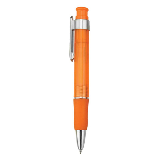 An orange plastic pen with a silver clip and a rubber grip. The pen features a transparent barrel.