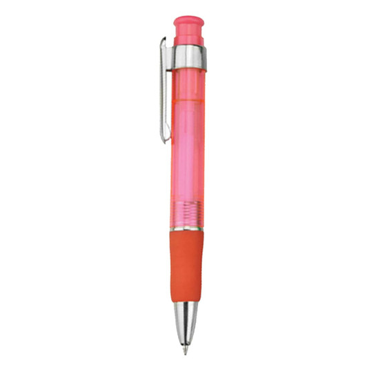 A plastic pen with a pink translucent body and an orange grip, featuring a silver clip and tip.