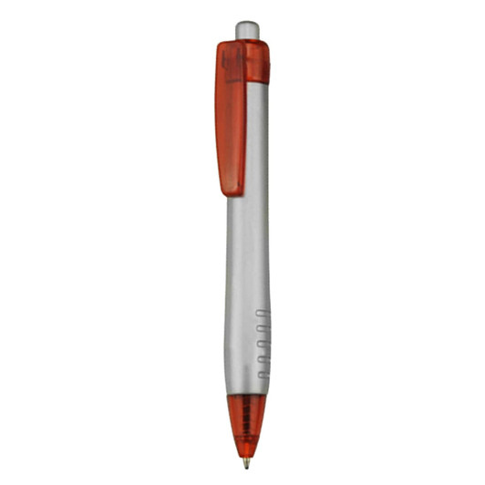 A plastic pen in silver with an orange clip and grip, featuring a branding logo.