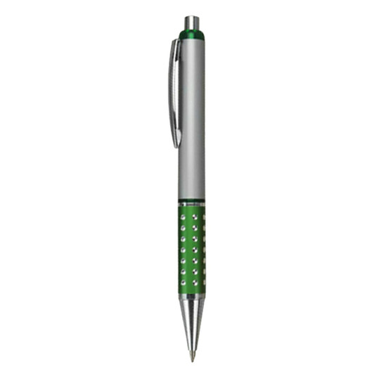 A plastic pen with a silver body and a green grip featuring textured dots. It has a clip and a chrome tip.