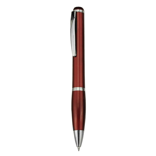 A red plastic pen with a shiny silver clip and accents, featuring a branding logo.