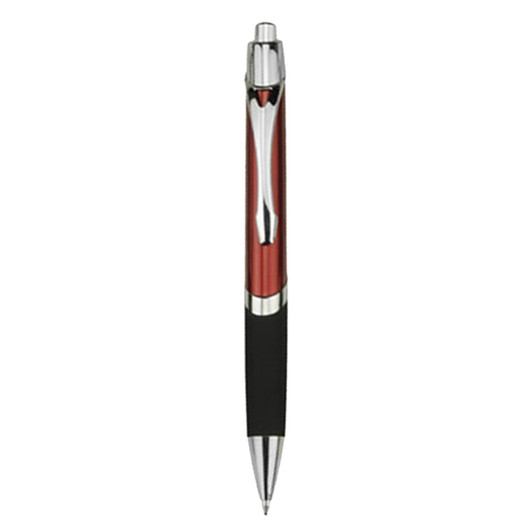 A plastic pen featuring a shiny red barrel, silver accents, and a black grip. It also has branding on it.