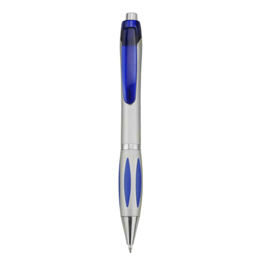 A plastic pen with a silver body and blue accents, featuring a logo on the barrel.