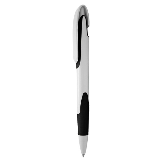 A plastic pen in white with a black grip and clip, featuring a logo on the barrel.