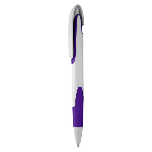 A plastic pen in white and purple, featuring a clip and a smooth writing tip. The pen has a logo on it.