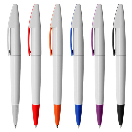 A collection of plastic pens in white with assorted coloured grips: red, orange, blue, and purple. Features branding.