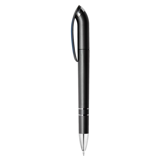 A sleek black metallic pen with a stylish design and chrome accents. It features a clip for easy attachment.