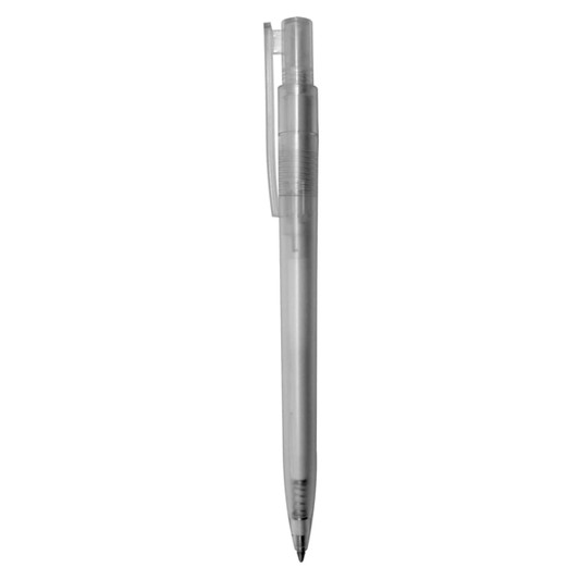 A clear plastic pen with a click mechanism and clip, featuring a black ink refill.