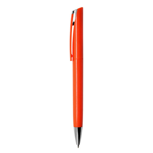 An orange plastic pen with a silver clip and tip, featuring a logo on the body.