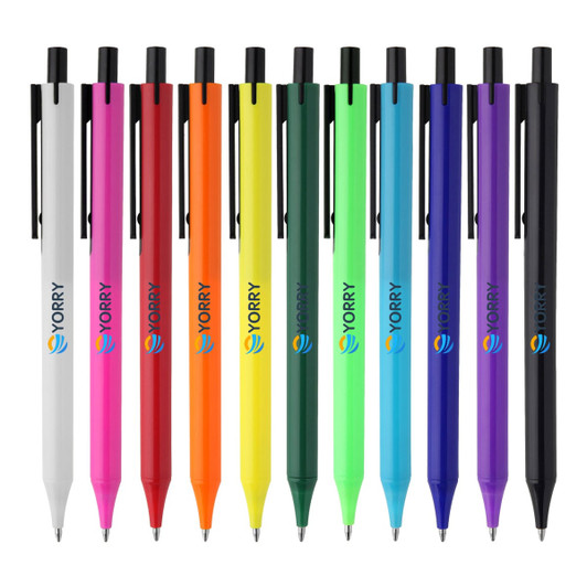 A collection of plastic pens in various colours, including white, red, pink, orange, green, blue, and purple, featuring branding.
