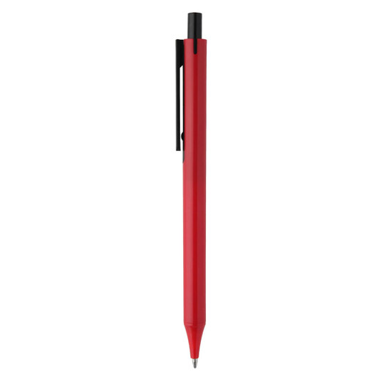 A plastic pen in vibrant red with a black clip and a smooth design, featuring a logo on the side.