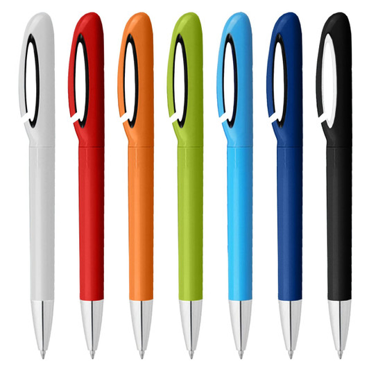 A selection of metal pens in various colours: white, red, orange, green, blue, and black, featuring a design with a logo.
