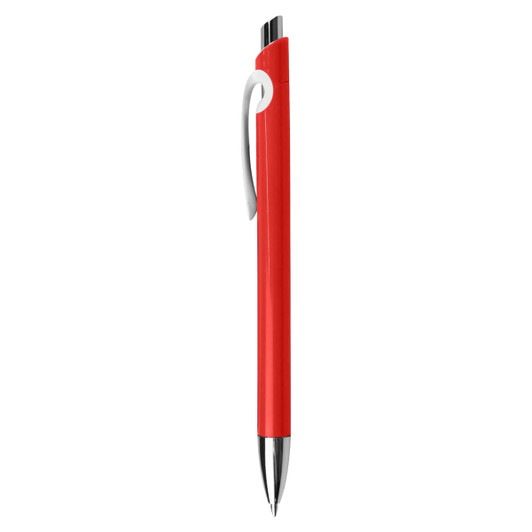 A red plastic pen with a silver clip and a sleek design. It features a logo on the barrel.