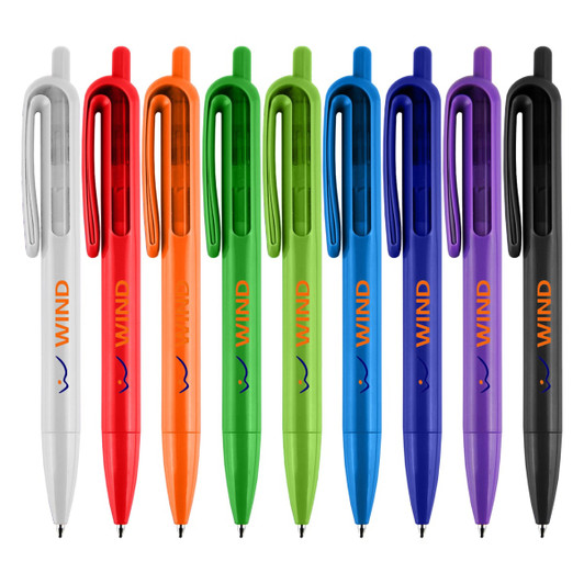 A collection of plastic pens in grey, red, orange, green, blue, purple, and black, featuring a logo on each.