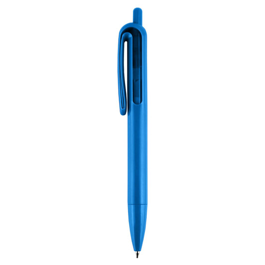 A blue plastic pen with a clip and a transparent section, featuring a logo.