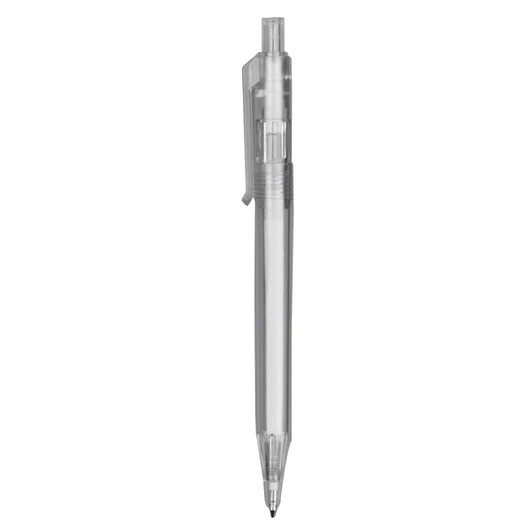 A clear plastic pen with a transparent body and black ink. It features a clip and a retractable mechanism.