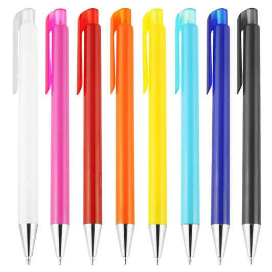 A collection of plastic pens in various colours: white, pink, red, orange, yellow, light blue, dark blue, and black. Each pen has a clip and a silver tip.