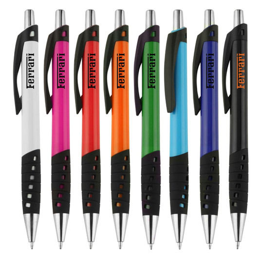 A collection of plastic pens in white, pink, red, orange, black, and blue, each with a grip and a logo.