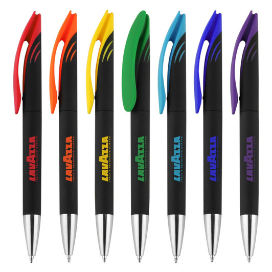 A set of plastic pens in black with coloured accents: yellow, orange, green, blue, and purple, each featuring a logo.