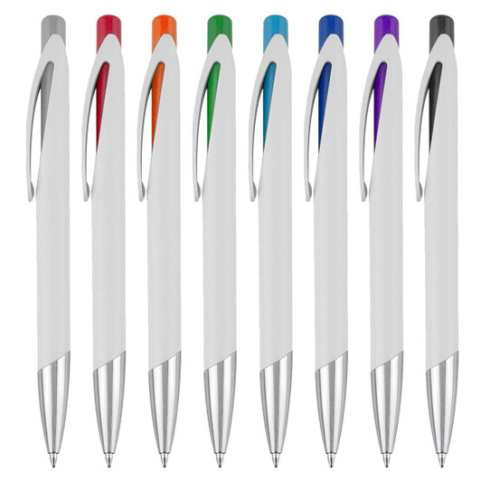 A range of plastic pens in white with assorted coloured tops, featuring metal accents and a grip.