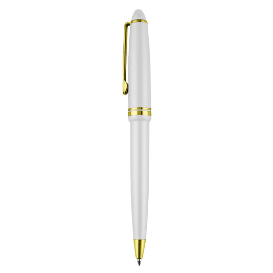 A white plastic pen with gold accents and a clip. The pen has a sleek and modern design.