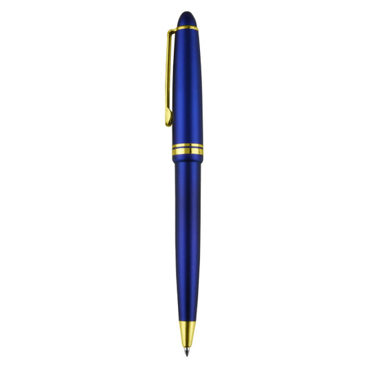 A blue plastic pen with gold accents and a clip, featuring a smooth finish and a logo.