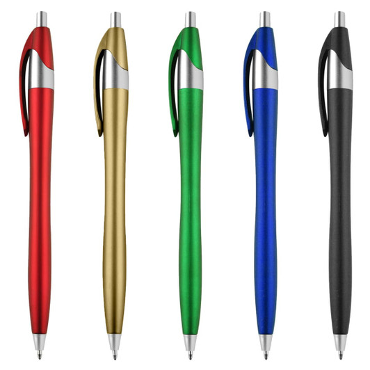 A collection of five plastic pens in red, gold, green, blue, and black, featuring silver accents and a logo.