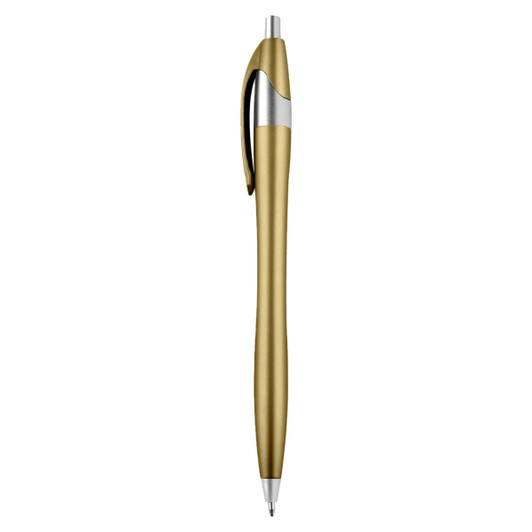 A metallic gold pen with a sleek design and silver accents. The pen has a clip and a ballpoint tip.