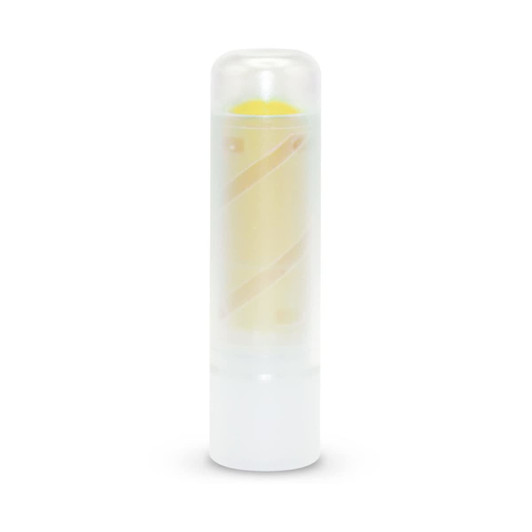 A transparent stick with a yellow core, featuring a white base. It has a twisted design and a logo on its surface.