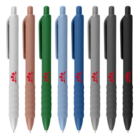 A selection of plastic pens in various colours: white, brown, green, blue, and black, featuring a branded logo.