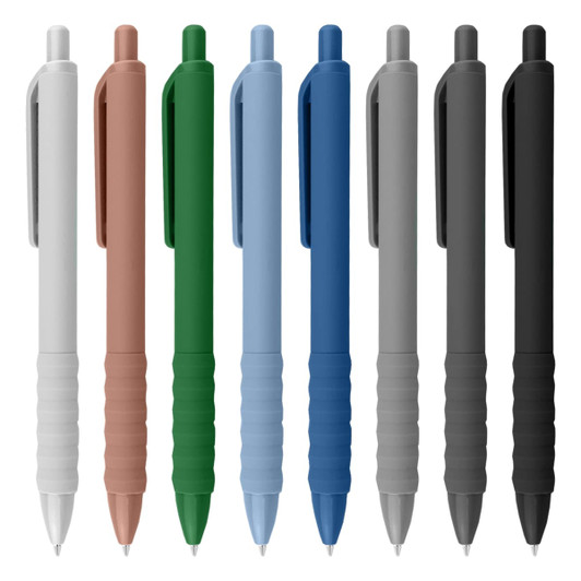 A collection of plastic pens in white, brown, green, light blue, blue, grey, and black, featuring grip sections and clips.