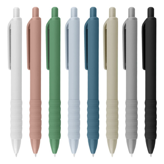 A collection of plastic pens in various colours: white, pink, green, light blue, dark blue, beige, grey, and black. Each pen features a grip and clip.